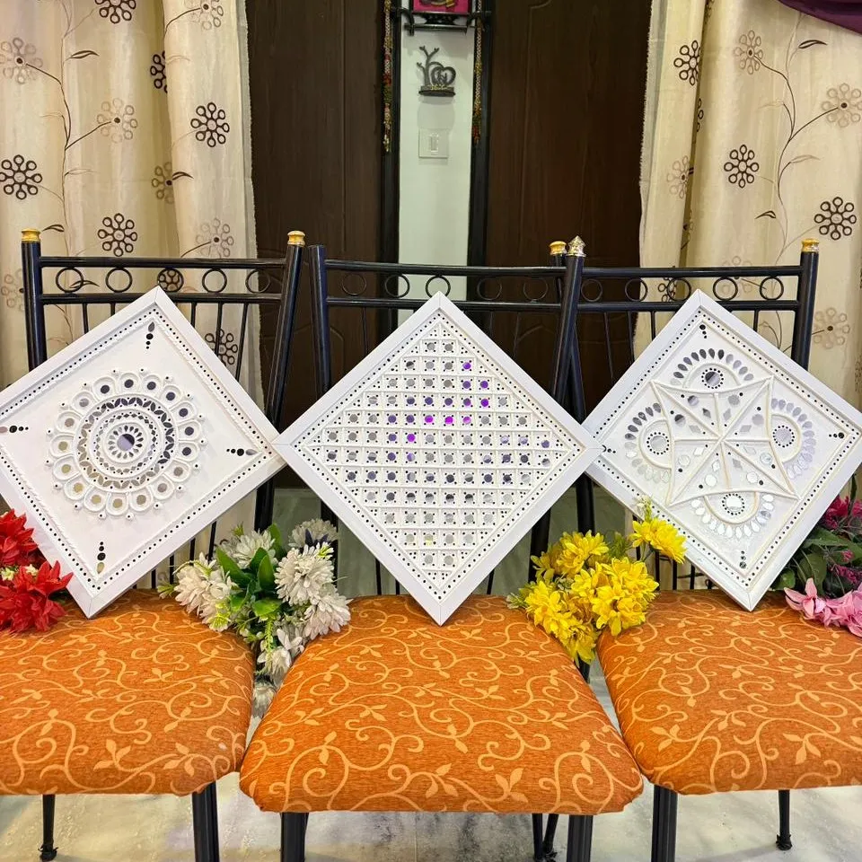 White Mandala Lippan Art with white frame (set of 3)